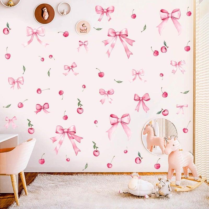 Vomika 48PCS Pink Bow Wall Decals, Watercolor Coquette Cherry Wall Stickers | Light Pink Bow Knot Wall Art Decor, Bowtie Fruit Vinyl Wallpaper, for Nursery Bedroom Room Decor Girls Party Supplies - Image 3