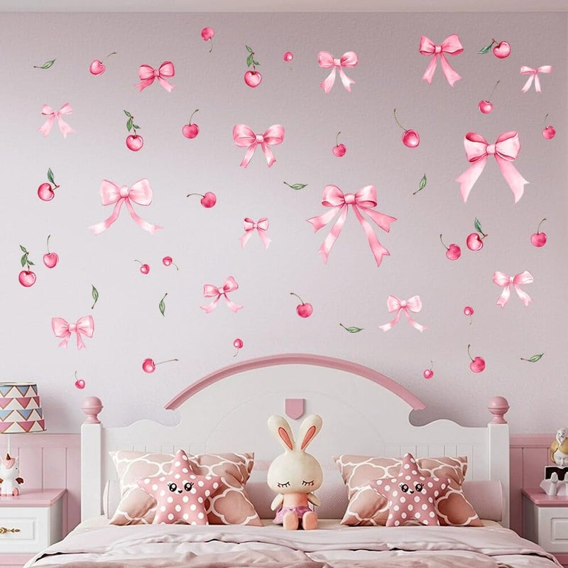 Vomika 48PCS Pink Bow Wall Decals, Watercolor Coquette Cherry Wall Stickers | Light Pink Bow Knot Wall Art Decor, Bowtie Fruit Vinyl Wallpaper, for Nursery Bedroom Room Decor Girls Party Supplies - Image 2