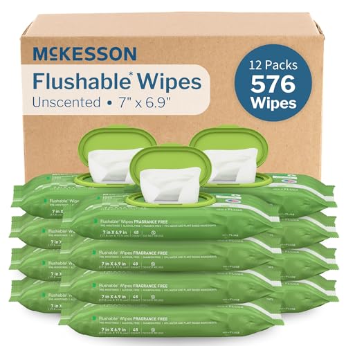 McKesson Flushable* Adult Wet Wipes â€“ 576 Wipes (12 Pack of 48) â€“ Aloe & Vitamin E, Plant-Based Cleansing Wipes, Unscented - Image 1