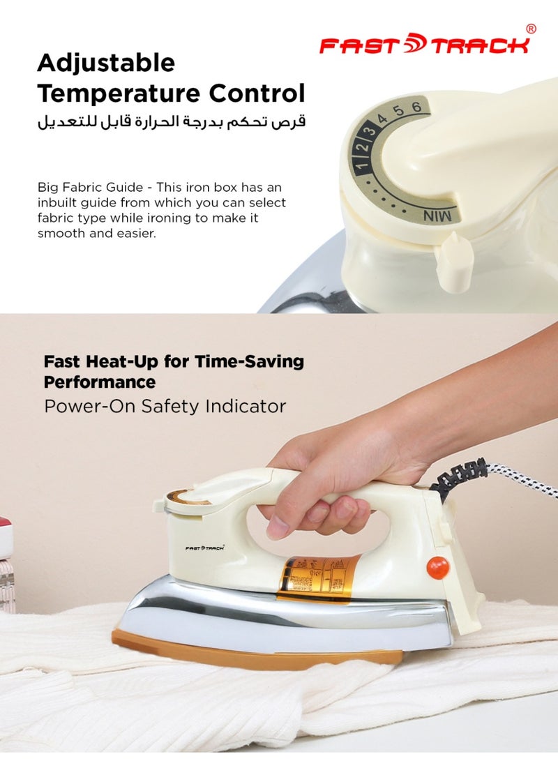 فاست تراك مكواة جافة أوتوماتيكية من | مكواة ثقيلة مع قرص ضبط درجة الحرارة ووظيفة الإيقاف التلقائي | فاخرة 2 كجم 1200 واط بقاعدة مطلية بالتفلون | ضمان 7 سنوات | FTDI-9100 ذهبي - Image 2