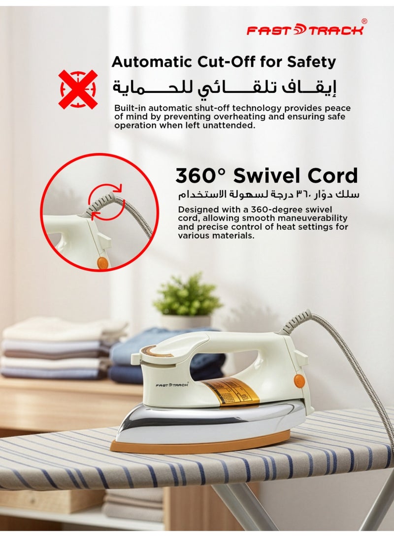 فاست تراك مكواة جافة أوتوماتيكية من | مكواة ثقيلة مع قرص ضبط درجة الحرارة ووظيفة الإيقاف التلقائي | فاخرة 2 كجم 1200 واط بقاعدة مطلية بالتفلون | ضمان 7 سنوات | FTDI-9100 ذهبي - Image 3