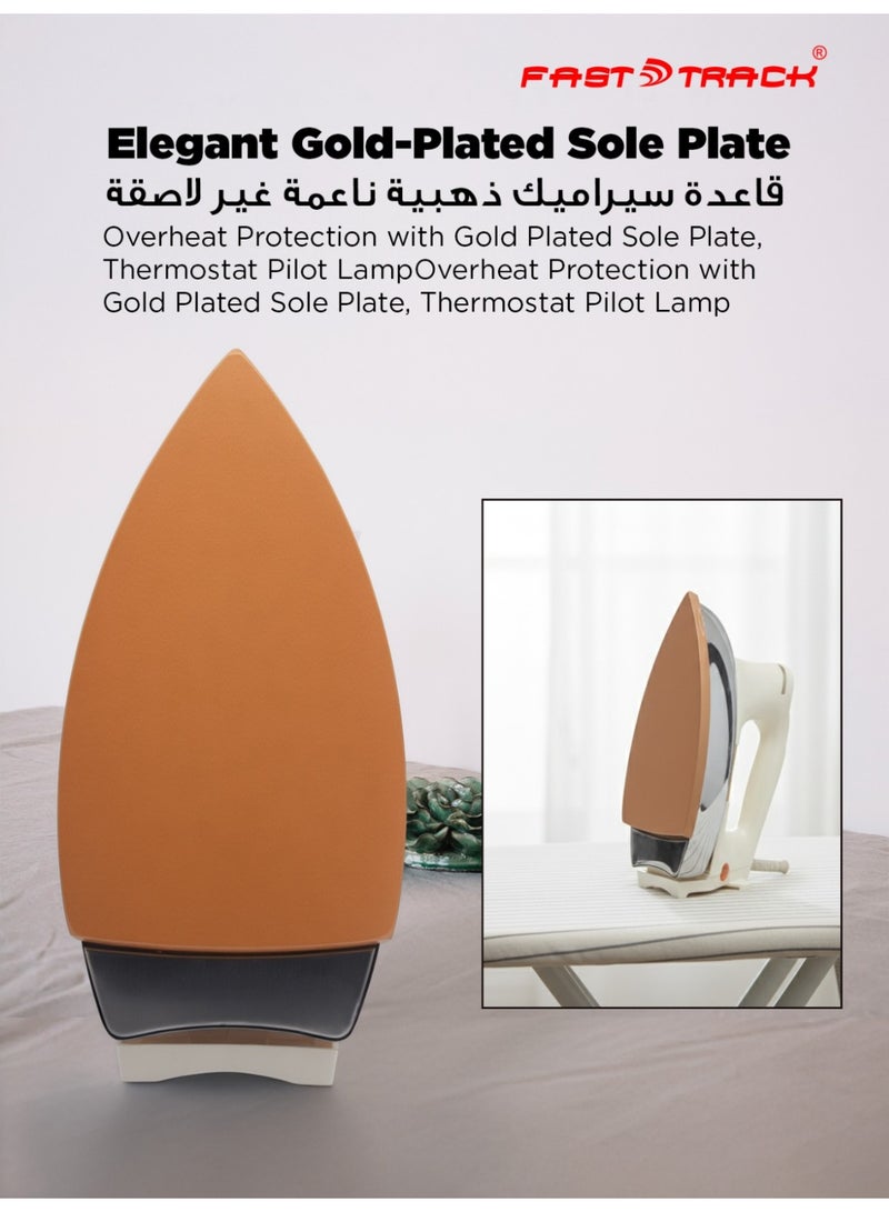 فاست تراك مكواة جافة أوتوماتيكية من | مكواة ثقيلة مع قرص ضبط درجة الحرارة ووظيفة الإيقاف التلقائي | فاخرة 2 كجم 1200 واط بقاعدة مطلية بالتفلون | ضمان 7 سنوات | FTDI-9100 ذهبي - Image 4