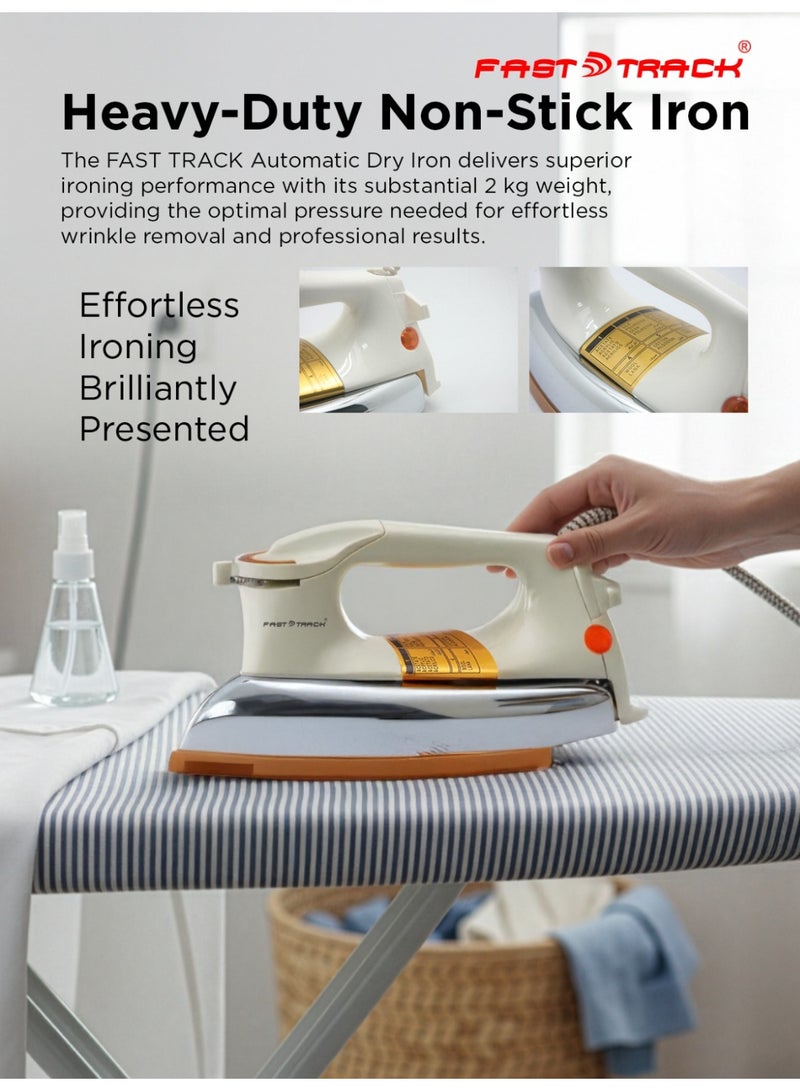 فاست تراك مكواة جافة أوتوماتيكية من | مكواة ثقيلة مع قرص ضبط درجة الحرارة ووظيفة الإيقاف التلقائي | فاخرة 2 كجم 1200 واط بقاعدة مطلية بالتفلون | ضمان 7 سنوات | FTDI-9100 ذهبي - Image 5