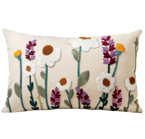 Kokaaee Embroidered Lumbar Pillow Cover 20x12 Decorative Pillow Cover with Zipper Aesthetic Cute Design Boho Spring Summer Throw Pillowcase for Living Room Couch Sofa Bed Wild Floral - Image 1