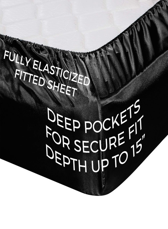 Pure Bedding Satin Sheets California King [4-Piece, Black] Luxury Silky Bed Sheets - Extra Soft 1800 Microfiber Sheet Set, Wrinkle, Fade, Stain Resistant - Deep Pocket Fitted Sheet, Flat Sheet, Pillow Cases - Image 4