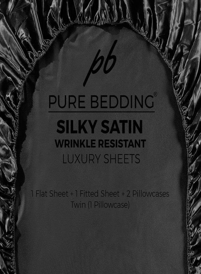 Pure Bedding Satin Sheets California King [4-Piece, Black] Luxury Silky Bed Sheets - Extra Soft 1800 Microfiber Sheet Set, Wrinkle, Fade, Stain Resistant - Deep Pocket Fitted Sheet, Flat Sheet, Pillow Cases - Image 5