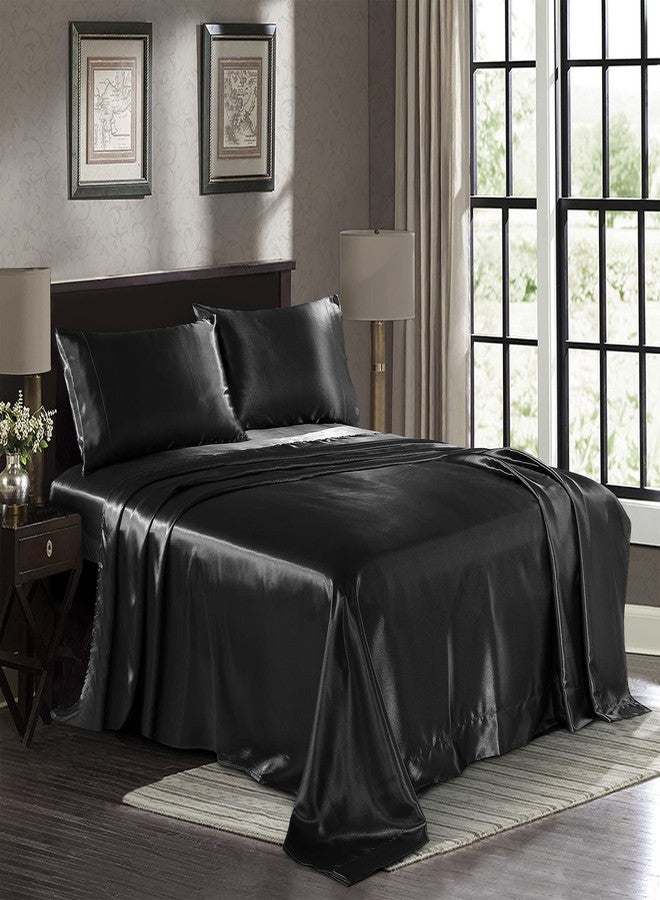 Pure Bedding Satin Sheets California King [4-Piece, Black] Luxury Silky Bed Sheets - Extra Soft 1800 Microfiber Sheet Set, Wrinkle, Fade, Stain Resistant - Deep Pocket Fitted Sheet, Flat Sheet, Pillow Cases - Image 1