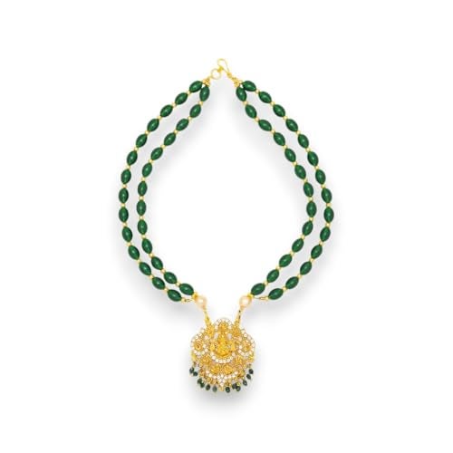 ACCESSHER Women's Traditional Green Beaded Temple Necklace with Goddess Lakshmi Pendant | Jewelry with Pearl and Stone Embellishments | Ideal for Weddings & Festivals - Image 1