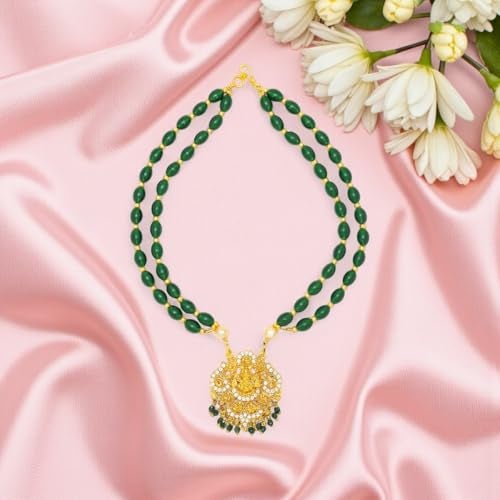ACCESSHER Women's Traditional Green Beaded Temple Necklace with Goddess Lakshmi Pendant | Jewelry with Pearl and Stone Embellishments | Ideal for Weddings & Festivals - Image 3