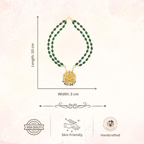 ACCESSHER Women's Traditional Green Beaded Temple Necklace with Goddess Lakshmi Pendant | Jewelry with Pearl and Stone Embellishments | Ideal for Weddings & Festivals - Image 5