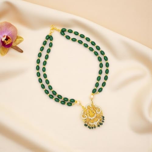 ACCESSHER Women's Traditional Green Beaded Temple Necklace with Goddess Lakshmi Pendant | Jewelry with Pearl and Stone Embellishments | Ideal for Weddings & Festivals - Image 4