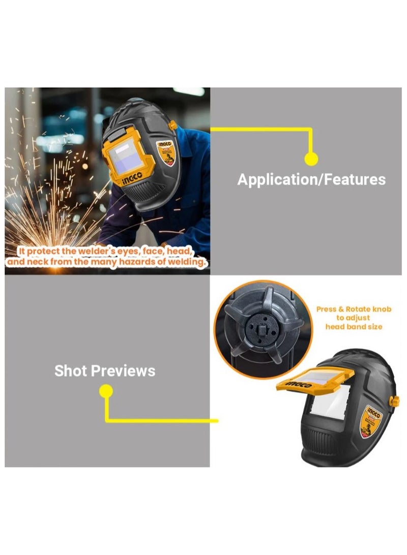 INGCO BUILDMATE Auto Darkening Welding Helmet 90x35mm Viewing Area Welder Face Shield Headgear Welding Visor Protection Mask, Model : AHM009 - Image 4