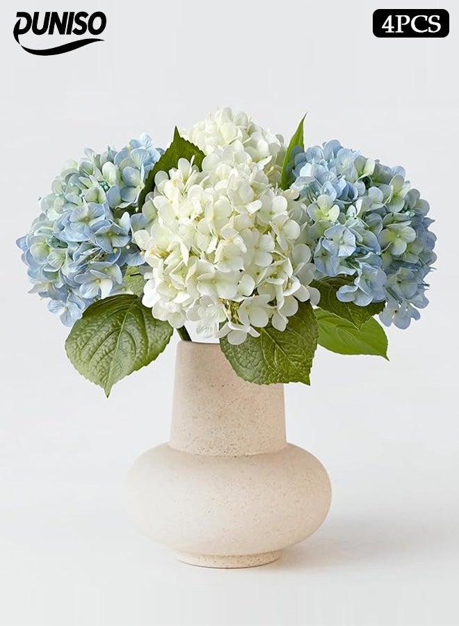 DUNISO 2 White Hydrangeas and 2 Blue Fake Hydrangeas, Artificial Flowers, Long Stems, for Home Wedding Party Decoration - Image 1