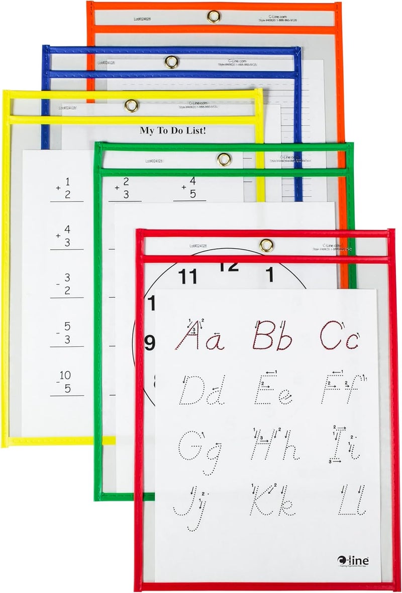 C-Line Reusable Dry Erase Pockets, 9 x 12 Inches, Assorted Primary Colors, 25 Pockets per Pack (40620) - Image 1