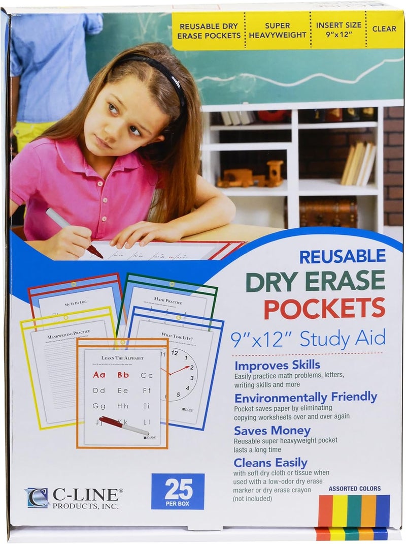 C-Line Reusable Dry Erase Pockets, 9 x 12 Inches, Assorted Primary Colors, 25 Pockets per Pack (40620) - Image 3