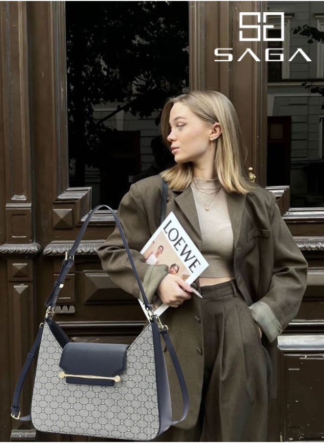 SAGA 2 Pieces Navy blue bag with a stylish crescent design and monogram pattern  - Image 2
