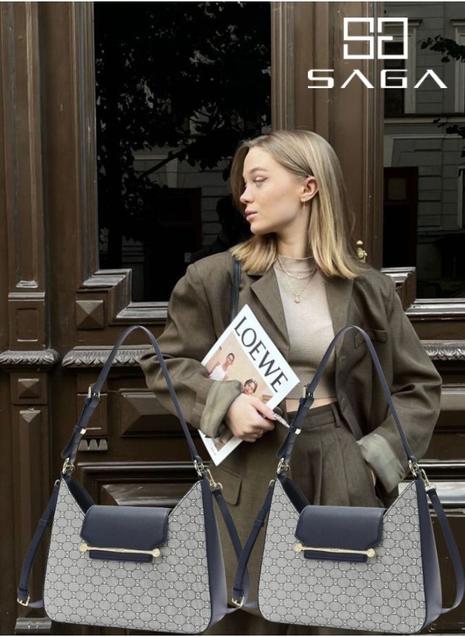 SAGA 2 Pieces Navy blue bag with a stylish crescent design and monogram pattern  - Image 1