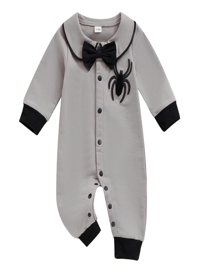 Lamuusaa Newborn Baby Boy Halloween Outfit Long Sleeve Spider Embroidery Romper Bowtie Jumpsuit Halloween Costumes 0-18M - Image 1