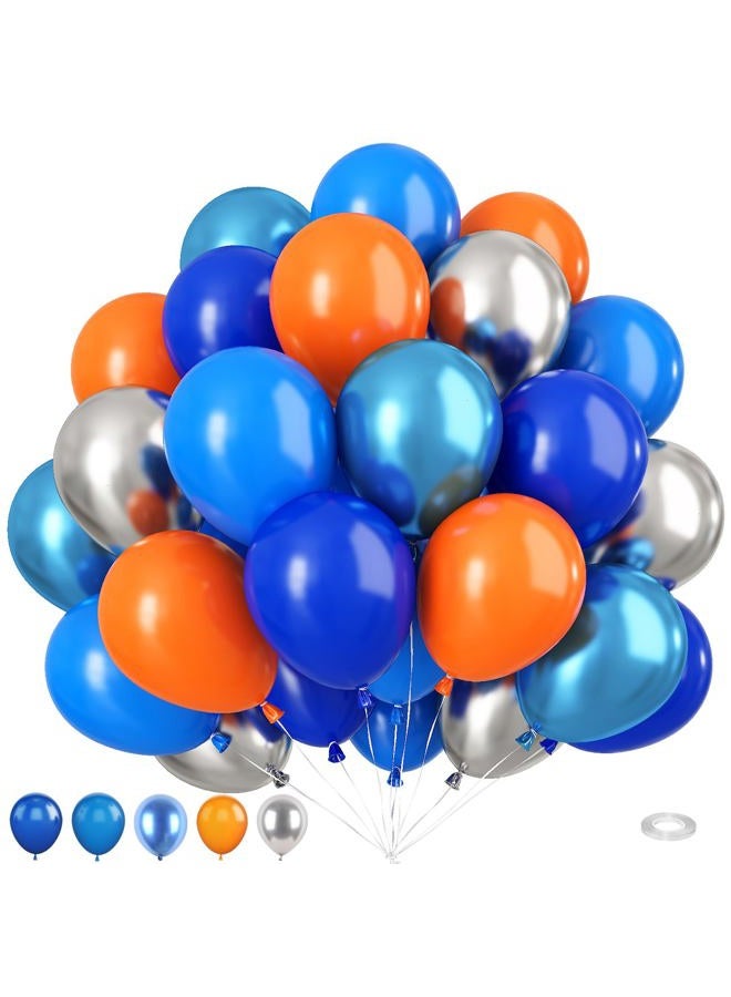Biapian Blue and Orange Balloons, 50 Pcs 12 Inch Orange Royal Blue Metallic Silver Balloons with Ribbons for Birthday Party Wedding Baby Shower Graduate Decorations - Image 1