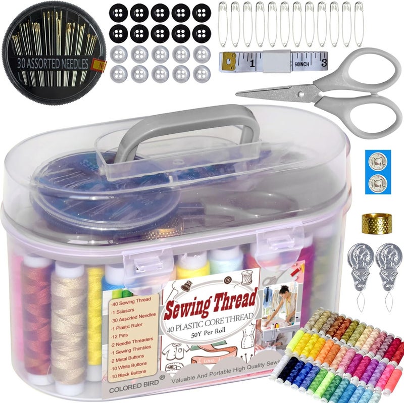 colored bird 40 Spools of Sewing Thread,Gift Box Portable Basic Sewing Repair Kits (Grey) - Image 1