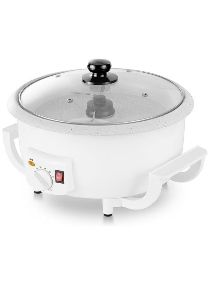 Denx Electric Coffee Roaster & Popcorn Maker 800W, 2L Capacity, Non-Stick Bowl, Adjustable Temperature Control, Blue Indicator Light, Glass Lid, Cool-Touch Body, White - Image 1