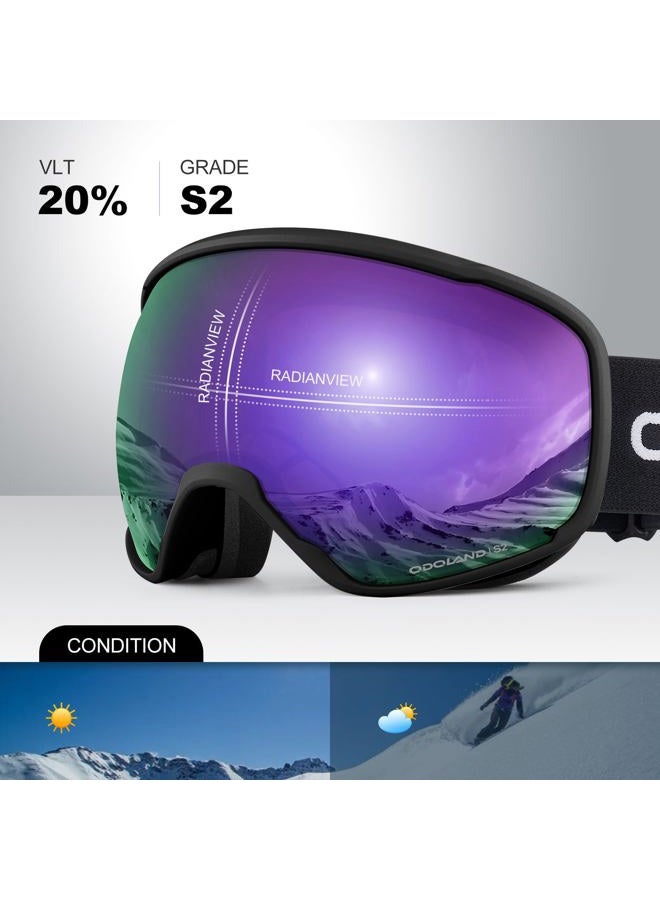 Odoland Snow Ski Goggles S2 Double Lens Anti-Fog OTG Windproof UV400 Eyewear for Men, Women and Youth-Skiing Snowboarding, Mirror REVO Violet vlt 20% - Image 2