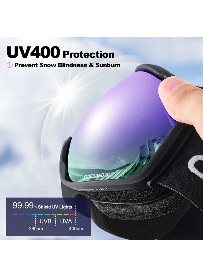 Odoland Snow Ski Goggles S2 Double Lens Anti-Fog OTG Windproof UV400 Eyewear for Men, Women and Youth-Skiing Snowboarding, Mirror REVO Violet vlt 20% - Image 3
