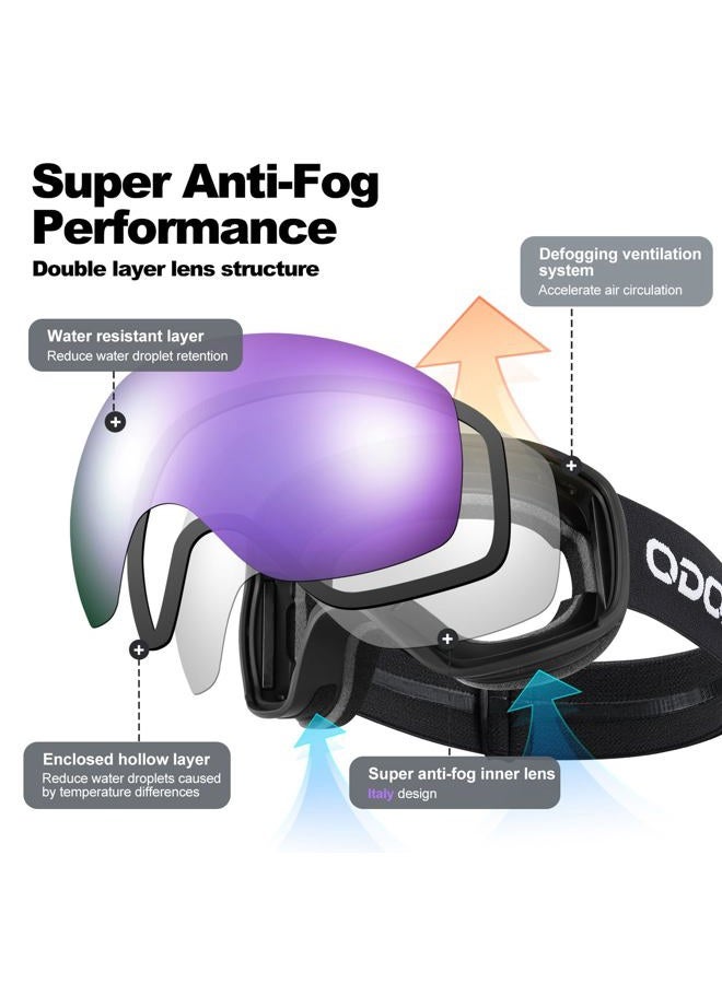 Odoland Snow Ski Goggles S2 Double Lens Anti-Fog OTG Windproof UV400 Eyewear for Men, Women and Youth-Skiing Snowboarding, Mirror REVO Violet vlt 20% - Image 4