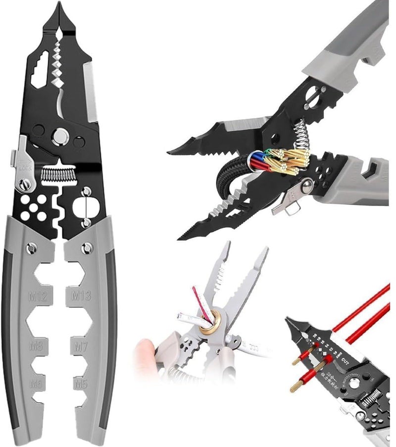 Aqify Aqify Multifunctional Wire Stripper Plier Crimping Tool and Cutter Chromium Vanadium Steel Cutting Crimping for Electrician Stainless Puller Plier Cable Looping Splitting Stripping  - Image 1