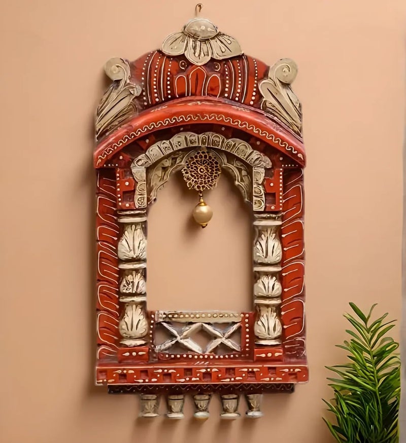 Medieval Arts Peacocks Solid Wood Hand Painted Wall Hanging 18 Jharokha Multicolour - Image 1