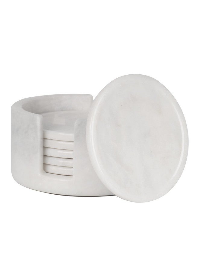 Radicaln Marble Coaster Set Round 3.5" Inches White Handmade Absorbent Coasters for Drinks, Ideal for Farmhouse Décor & Bar Accessories, Drink Coasters Set of 6 with Holder - Image 1