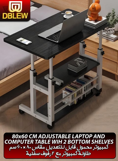 Adjustable Laptop Desk Office Home Tablet Computer End Table For Bedroom Living Room Writing Study Gaming Furniture Sofa Side Sit Stand Mobile Bedside Stand with Bottom Organiser Storage Rack And Keyboard Tray Overbed Couch Snack Lazy Table Desktop Workstation 2 Shelves 80x40cm