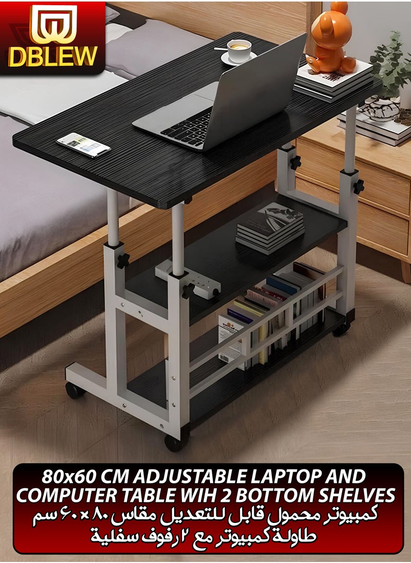 DBLEW - Adjustable Laptop Desk Office Home Tablet Computer End Table For Bedroom Living Room Writing Study Gaming Furniture Sofa Side Sit Stand Mobile Bedside Stand with Bottom Organiser Storage Rack And Keyboard Tray Overbed Couch Snack Lazy Table Desktop Workstation 2 Shelves 80x40cm - Image 1