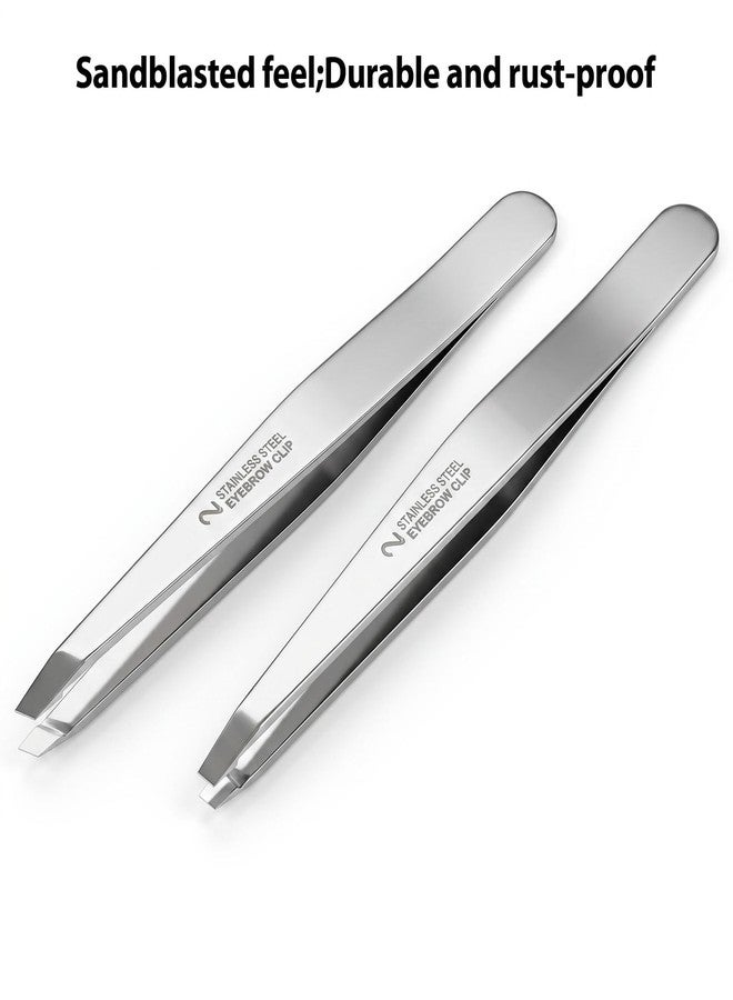 Amabro Tweezers for Women Facial Hair 2 Pcs Slant & Flat Tip Eyebrow 430 Stainless Steel Tweezers Set Plucking Ingrown Hairs Ingrown Hair Removal Professional Precision Eyebrow tools with Case - Image 2