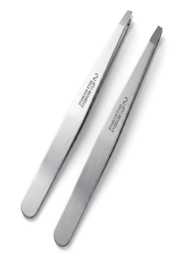 Amabro Tweezers for Women Facial Hair 2 Pcs Slant & Flat Tip Eyebrow 430 Stainless Steel Tweezers Set Plucking Ingrown Hairs Ingrown Hair Removal Professional Precision Eyebrow tools with Case - Image 1