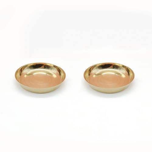 TORPPEZA Brass plain Design heavy plate for store kumkum, haldi, akshat, prashad/heavy small thali for pooja purpose round shape plate (Size - 8.5cm) Pack of 2 - Image 1
