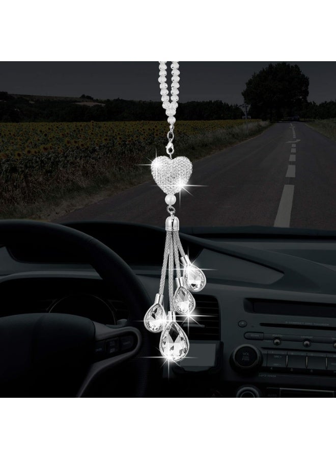 سيوسي Crystal Heart Car Charm, Bling Diamond Rear View Mirror Hanging Ornament, Lucky Interior Car Accessory for Women, Christmas Gift, Valentine‘s Day Present, Dashboard Decor, White (38cm) - Image 1