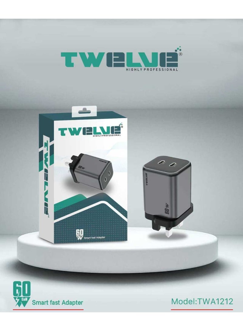 TWELVE 60W GaN Fast Charger Dual USB-C Power Adapter, Power Delivery Type-C Charger for Laptop, iPhone, Tablet - Image 2