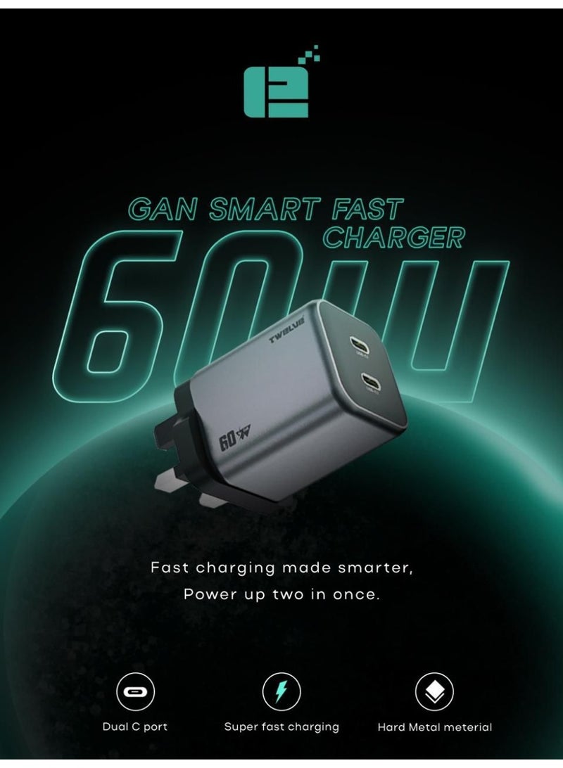 TWELVE 60W GaN Fast Charger Dual USB-C Power Adapter, Power Delivery Type-C Charger for Laptop, iPhone, Tablet - Image 1