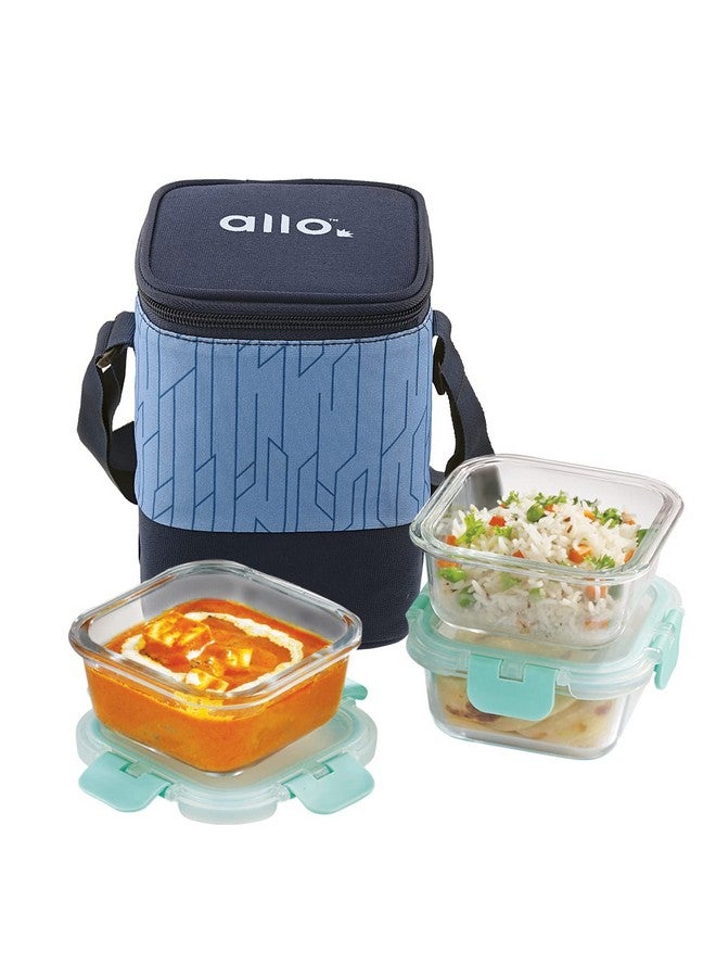 Allo FoodSafe Glass Lunch Box with Break Free Detachable Lock, Oven & Microwave Safe, Borosilicate Glass Container, Office Tiffin with Space Blue Bag, Set of 3, 310ml, Square - Image 1