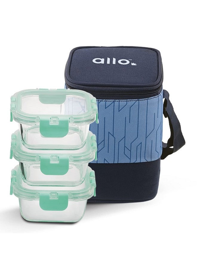 Allo FoodSafe Glass Lunch Box with Break Free Detachable Lock, Oven & Microwave Safe, Borosilicate Glass Container, Office Tiffin with Space Blue Bag, Set of 3, 310ml, Square - Image 2