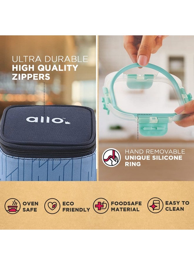 Allo FoodSafe Glass Lunch Box with Break Free Detachable Lock, Oven & Microwave Safe, Borosilicate Glass Container, Office Tiffin with Space Blue Bag, Set of 3, 310ml, Square - Image 4