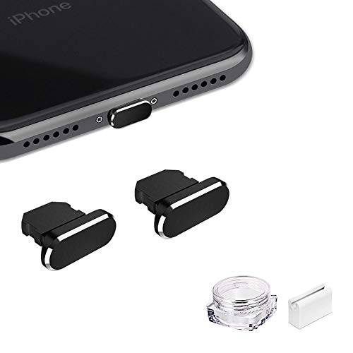 VIWIEU Metal Anti Dust Plug Compatible with iPhone 14 13 12 11 X XS XR 8 7 SE Mini Plus Pro Max iPad AirPods, 2 Pack Lightning Charging Port Cover Protectors with Plug Holder and Storage Box (Black) - Image 1