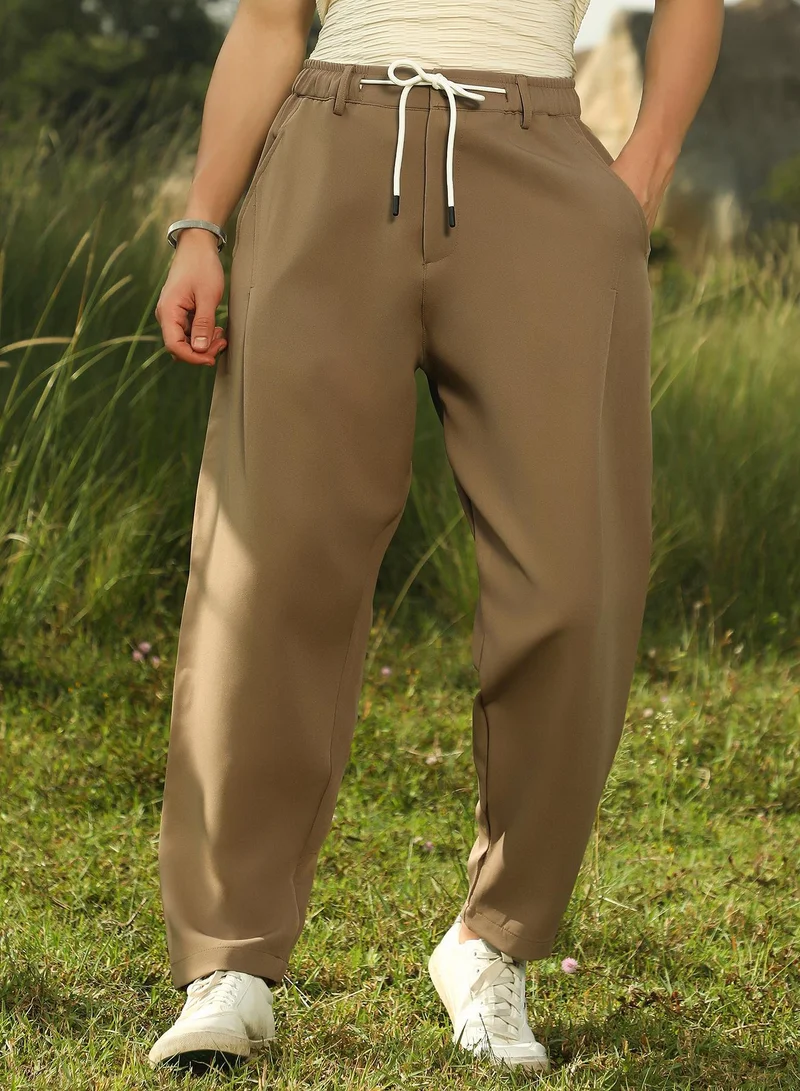 Men's Ash Brown Tapered Tailored Trousers For Casual Wear | Mid-Rise | Regular Fit | Drawstring Closure | Trousers Crafted With Comfort Fit For Everyday Wear