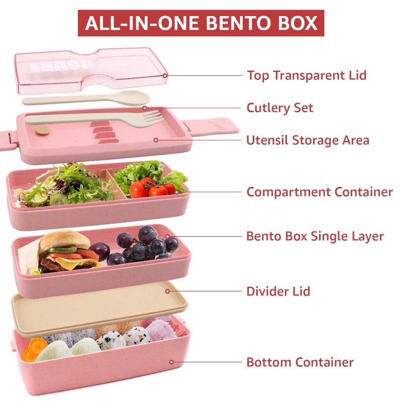 Meltset M 35Pcs Bento Box Japanese Lunch Box Kit Leakproof Bento Lunch Box for Kid Adult Wheat Straw 3 Layer Stackable Lunch Container w Compartment Lunch Bag for Teen Prepy Girl Meal Prep Containers (Pink) - Image 2
