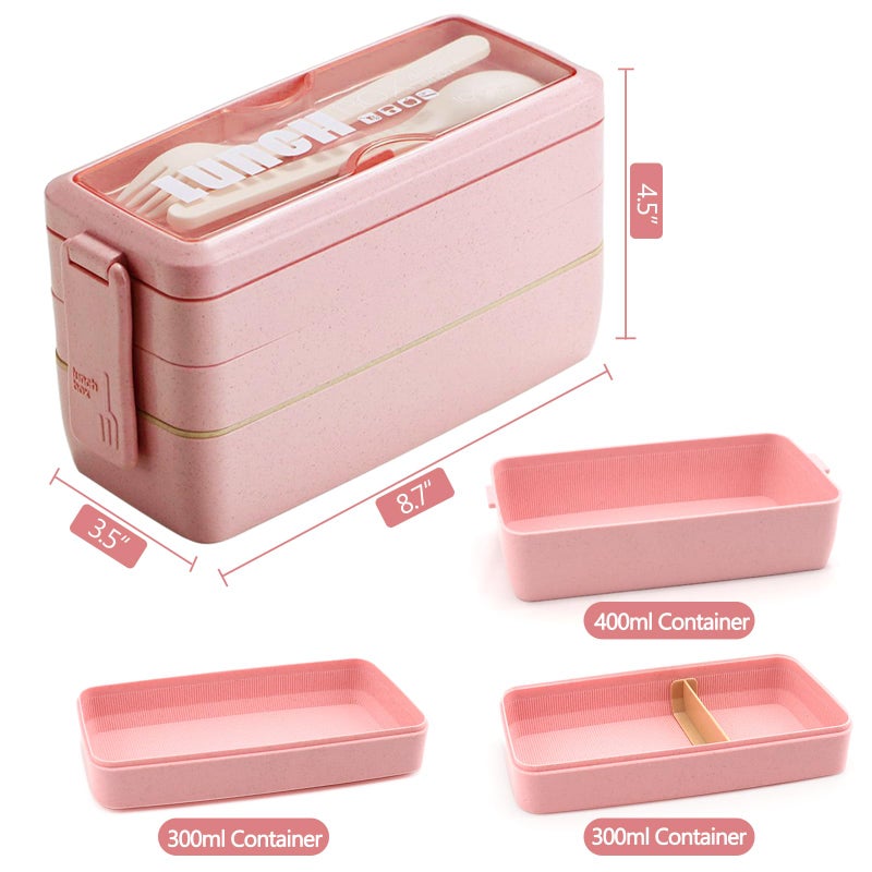 Meltset M 35Pcs Bento Box Japanese Lunch Box Kit Leakproof Bento Lunch Box for Kid Adult Wheat Straw 3 Layer Stackable Lunch Container w Compartment Lunch Bag for Teen Prepy Girl Meal Prep Containers (Pink) - Image 4