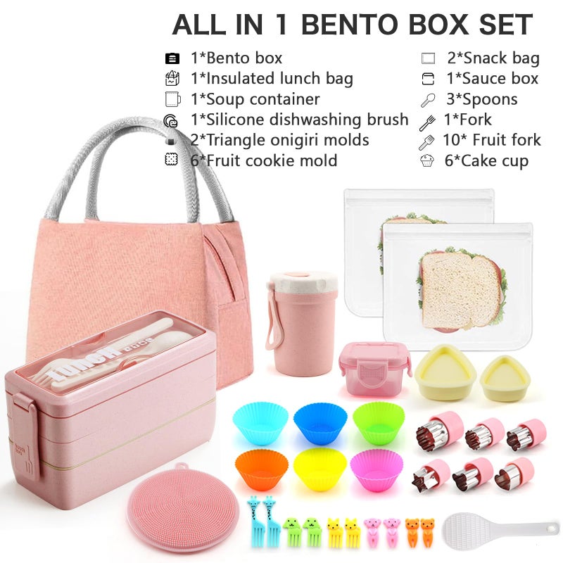 Meltset M 35Pcs Bento Box Japanese Lunch Box Kit Leakproof Bento Lunch Box for Kid Adult Wheat Straw 3 Layer Stackable Lunch Container w Compartment Lunch Bag for Teen Prepy Girl Meal Prep Containers (Pink) - Image 3