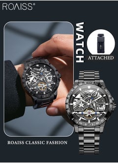 roaiss Men's Skeleton Steel Band Mechanical Watch, Automatic Winding, Analog Display Round Dial with Three-dimensional Suspension Design, Luminous Waterproof Fashion Wristwatch, as Gift for Men  - Image 1