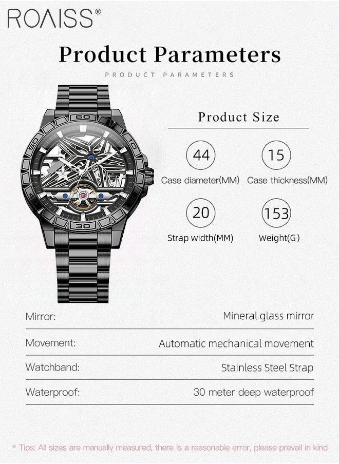 roaiss Men's Skeleton Steel Band Mechanical Watch, Automatic Winding, Analog Display Round Dial with Three-dimensional Suspension Design, Luminous Waterproof Fashion Wristwatch, as Gift for Men  - Image 4