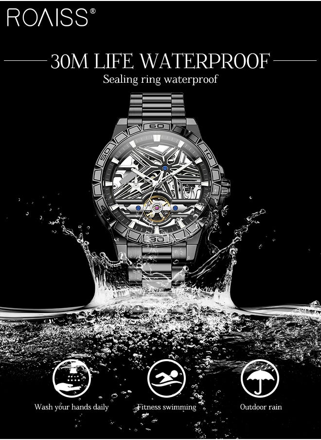 roaiss Men's Skeleton Steel Band Mechanical Watch, Automatic Winding, Analog Display Round Dial with Three-dimensional Suspension Design, Luminous Waterproof Fashion Wristwatch, as Gift for Men  - Image 5